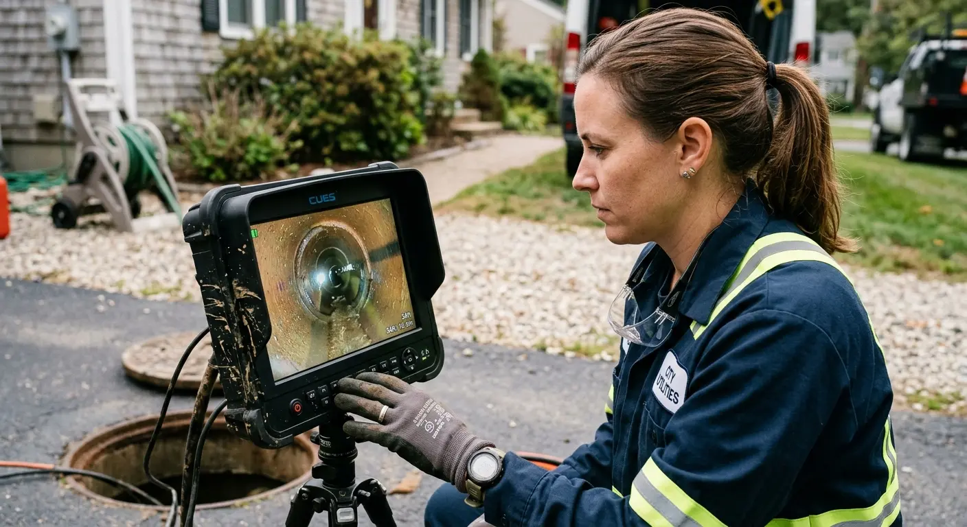 Technician reviewing sewer camera inspection footage in Pearland