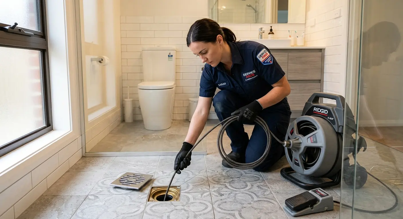 Technician clearing a bathroom floor drain for Drain Cleaning in Pearland